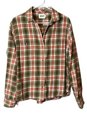 Pact Organic Cotton Flannel Shirt Plaid Button Front Cozy Fall Cabin Core Size L